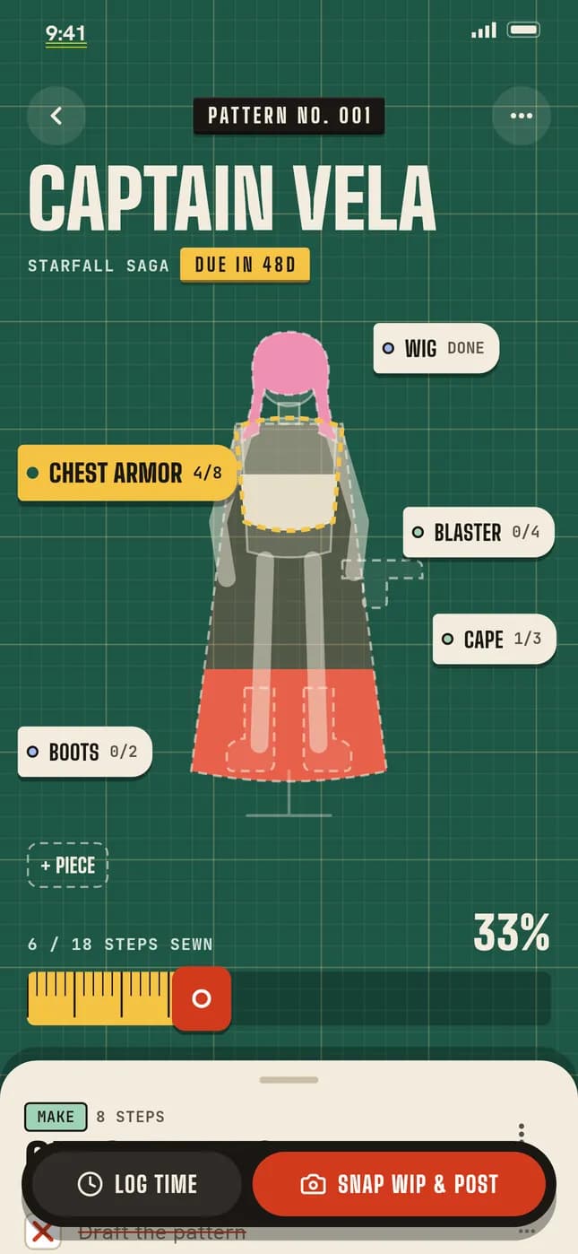 Cossy build page: a costume plan split into pieces, with the progress of each