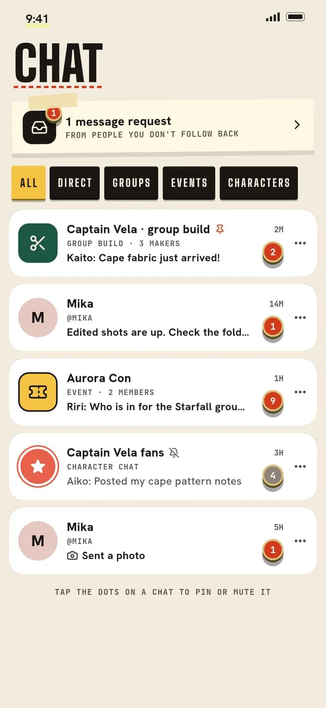 Cossy chat list with group, event and character chats
