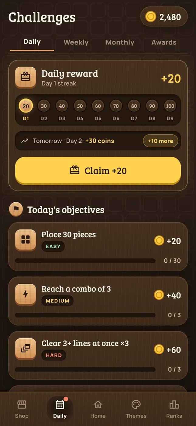 Lumino daily challenges with coin rewards