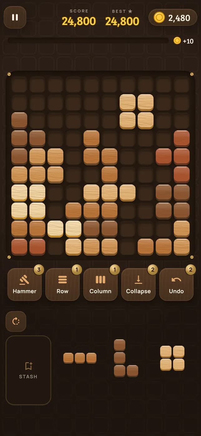 A Lumino game in progress on the wooden board